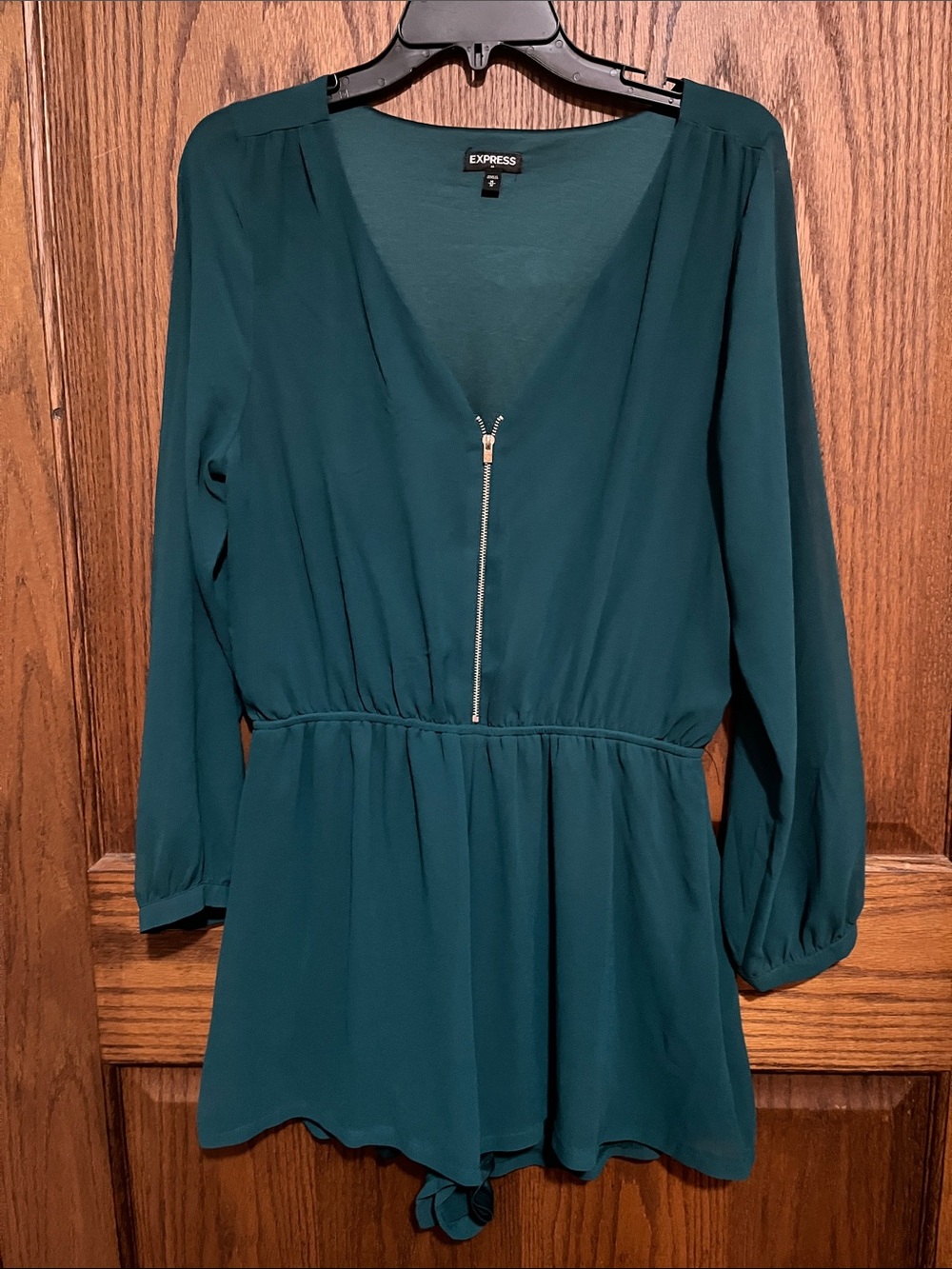 Express Teal Long-Sleeve V-Neck Romper with Front Zip